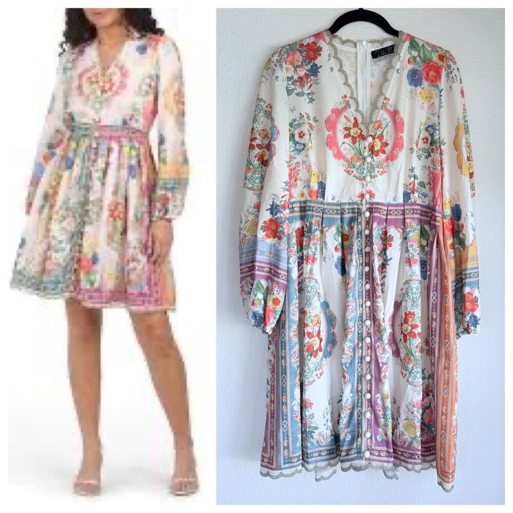 NWOT Dahlia MacPhee Long Sleeve Floral Mini Dress with Gold Lace Detail Size S